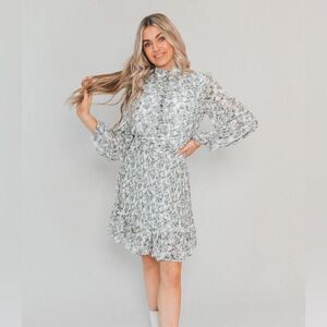 Ivy City Co Brynley Floral Mini Long Puff Sleeve Dress NEW NWT Blue White